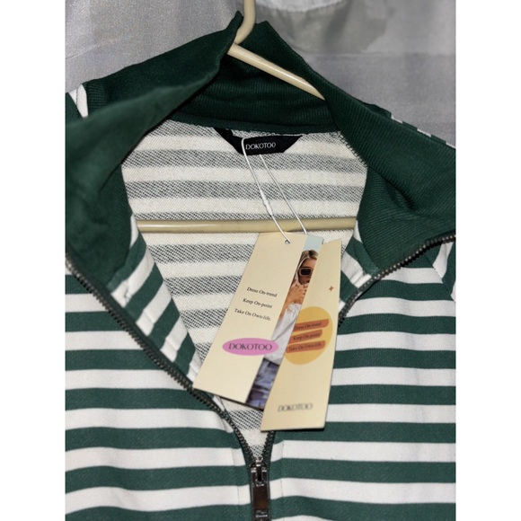Dokotoo Woman’s Striped Zip Up Jacket•Green/White•Collared Sweater• Size LG•NWT - Picture 7 of 11